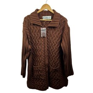 Aran Crafts Cable Knit Sweater Womens XL Full-Zip Brown 100% Merino Wool Ireland